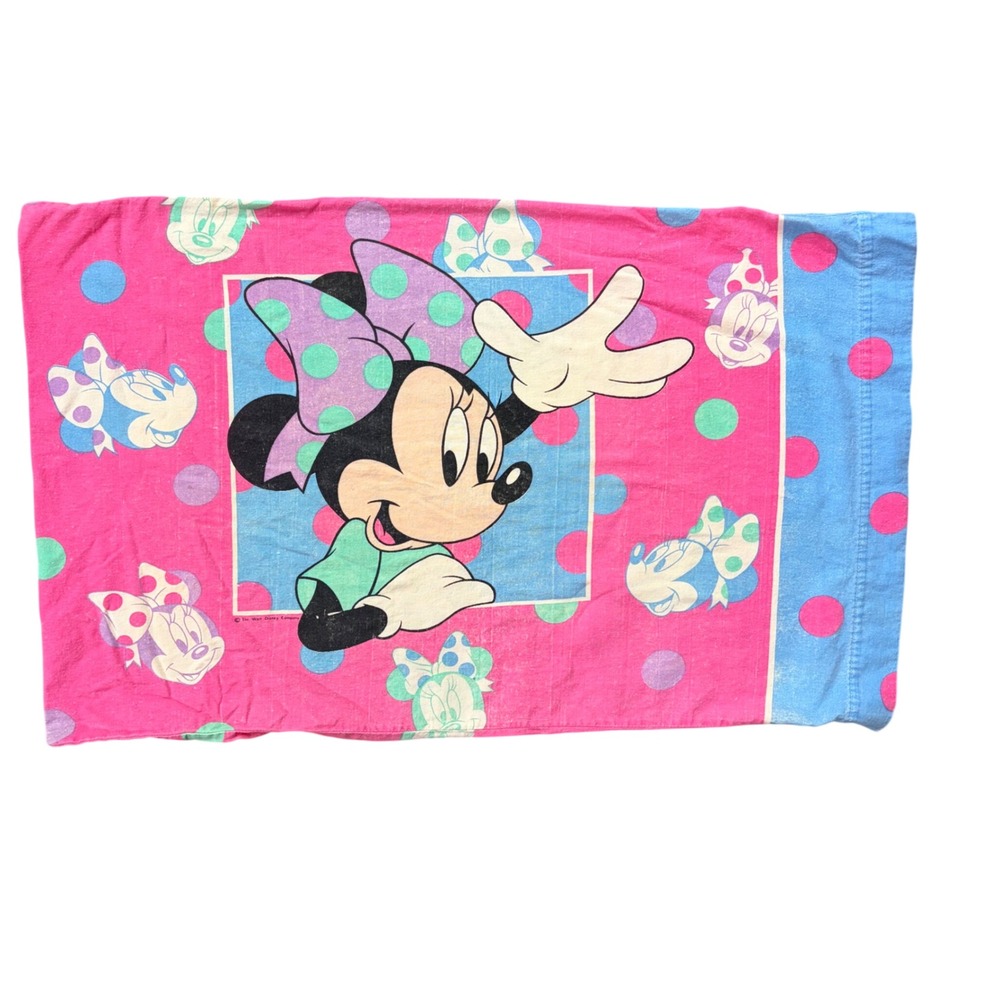 VTG 1990s Disney Minnie Mouse Pillowcase Pink Blue Polka Dot Retro Bedroom